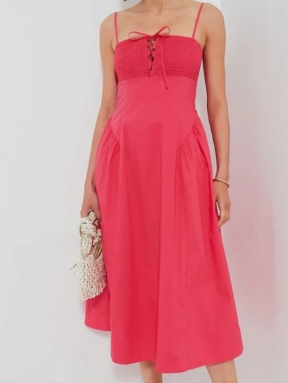 Hyacinth House Smocked Bodice pink Coral Midi Dress w/adj Straps size XXS NWTS